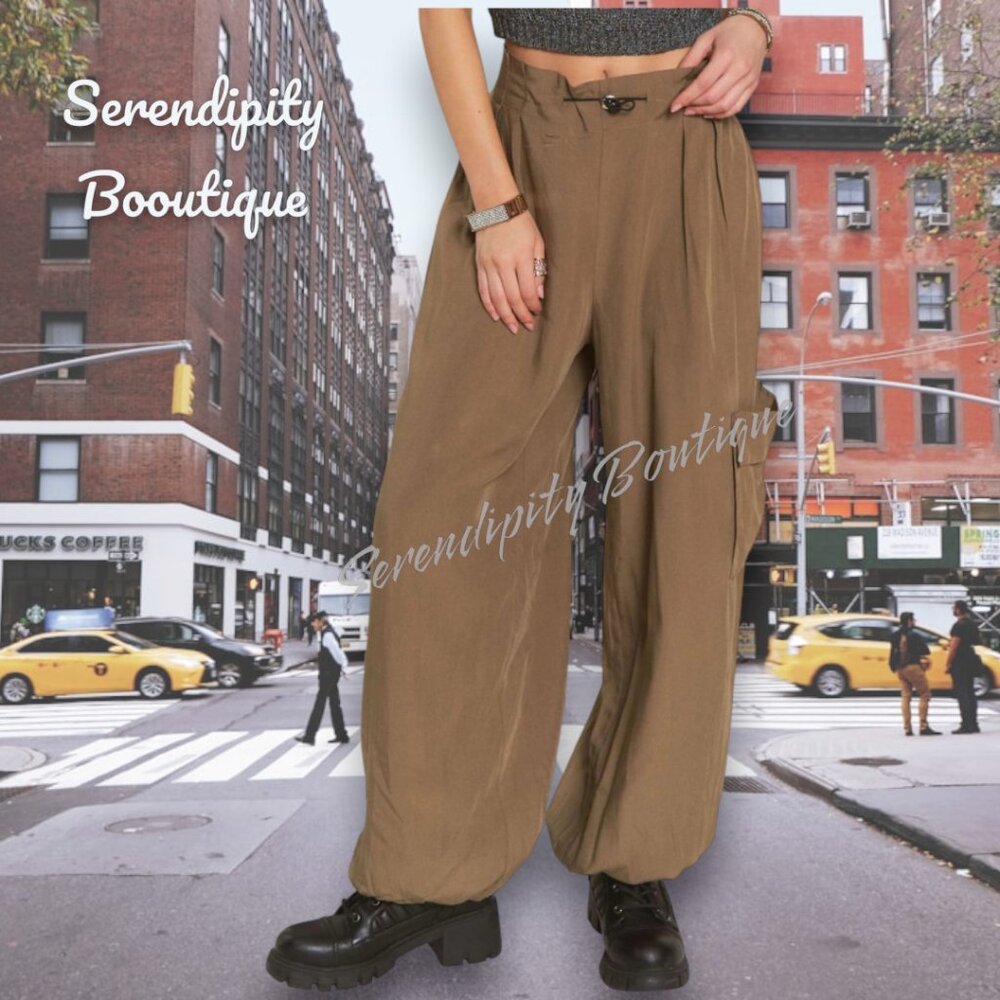 Baggy Olive Tan Khaki Wide Leg Cargo 100% Cotton Utility Streetwear Womens Pants
